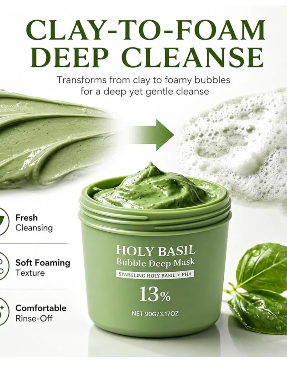 Vareline Sparkling Holy Basil Bubble Deep Mask Green 3.17oz Clay-to-Foam NEW